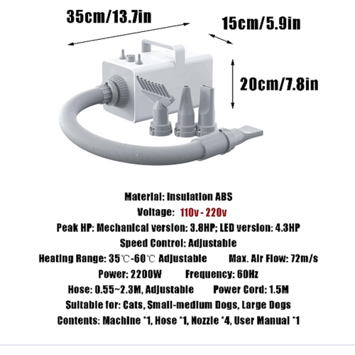 Pet Dog Hair Dryer, 2200W Stepless Adjustable Speed Smart Pet Grooming Blower, Portable Dog Blow Dryer Whit Led Display, 3 Nozzles, Thickened Spring