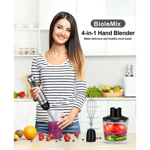Multifunctional Hand Blender with Heavy Duty Copper Motor, Stainless Steel Housing, Whisk Attachment, Chopper, and Smoothie Cup - HB3302 5-in-1