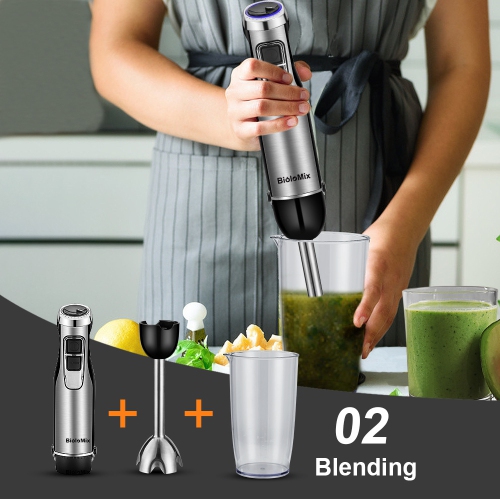 Multifunctional Hand Blender with Heavy Duty Copper Motor, Stainless Steel Housing, Whisk Attachment, Chopper, and Smoothie Cup - HB3302 5-in-1