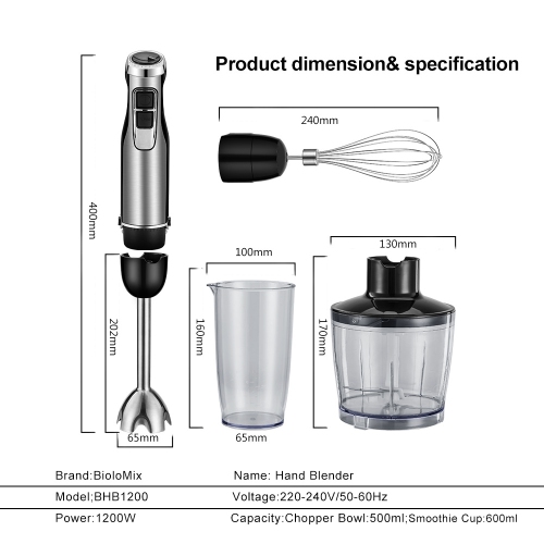 Multifunctional Hand Blender with Heavy Duty Copper Motor, Stainless Steel Housing, Whisk Attachment, Chopper, and Smoothie Cup - HB3302 5-in-1