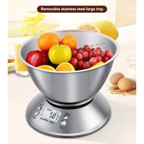 Stainless steel electronic kitchen scale with bowl, high precision 0.1g 5kg large capacity stainless steel scale plate food baking scale small