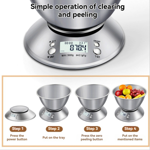Stainless steel electronic kitchen scale with bowl, high precision 0.1g 5kg large capacity stainless steel scale plate food baking scale small