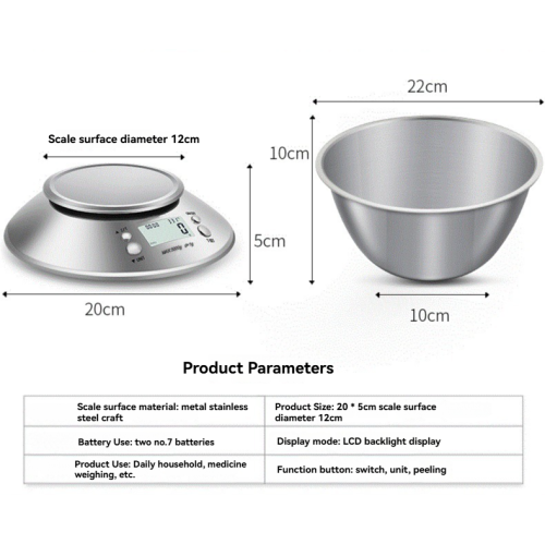 Stainless steel electronic kitchen scale with bowl, high precision 0.1g 5kg large capacity stainless steel scale plate food baking scale small