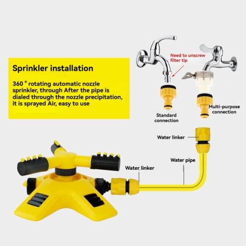 360-degree automatic rotating sprinkler, garden watering set, automatic rotation - 1 sprinkler + 2 4-point quick connectors + 1 46-point standard