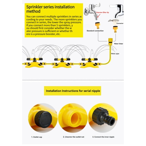 360-degree automatic rotating sprinkler, garden watering set, - 1 sprinkler + 2 4-point quick connectors + 1 46-point standard connector + 1 8-claw +