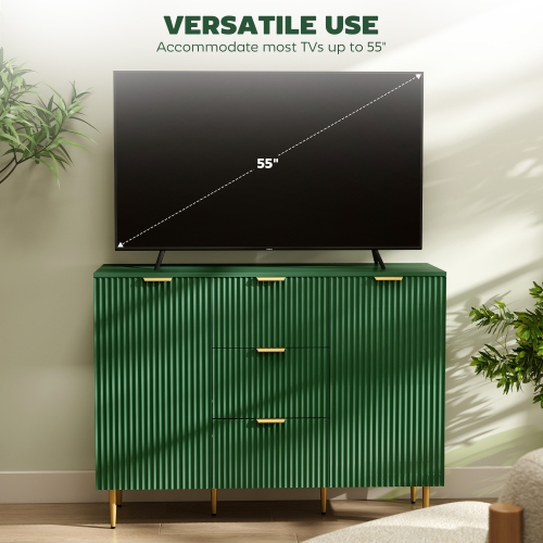 HOMCOM Sideboard Buffet Cabinet, Modern Kitchen Storage Cabinet with 3 Drawers and Adjustable Shelves, Fluted Coffee Bar Cabinet with Metal Legs for