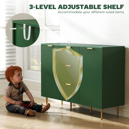 HOMCOM Sideboard Buffet Cabinet, Modern Kitchen Storage Cabinet with 3 Drawers and Adjustable Shelves, Fluted Coffee Bar Cabinet with Metal Legs for