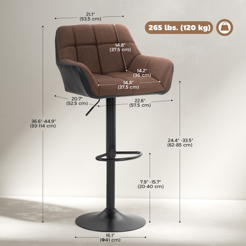 HOMCOM Adjustable Bar Stools Set of 2, Swivel Tufted Linen Fabric Barstools with Footrest and Armrests, Bar Chairs for Kitchen Counter and Dining