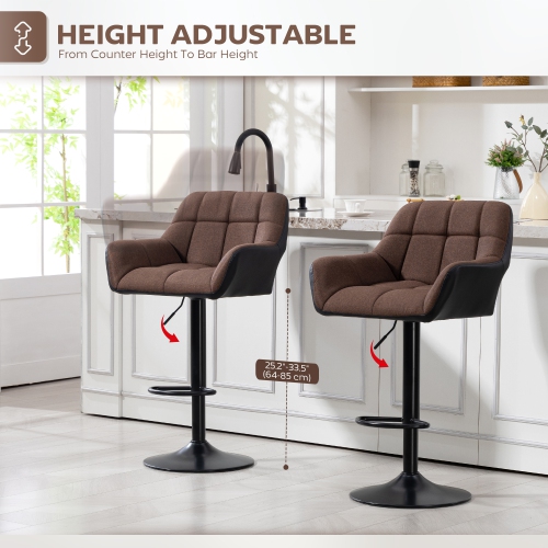 HOMCOM Adjustable Bar Stools Set of 2, Swivel Tufted Linen Fabric Barstools with Footrest and Armrests, Bar Chairs for Kitchen Counter and Dining