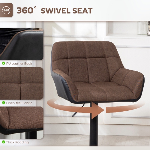 HOMCOM Adjustable Bar Stools Set of 2, Swivel Tufted Linen Fabric Barstools with Footrest and Armrests, Bar Chairs for Kitchen Counter and Dining