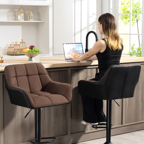 HOMCOM Adjustable Bar Stools Set of 2, Swivel Tufted Linen Fabric Barstools with Footrest and Armrests, Bar Chairs for Kitchen Counter and Dining