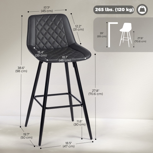 HOMCOM Bar Stools Set of 2, PU Leather Counter Height Bar Chairs, 27.75" Kitchen Stools with Metal Legs for Dining Area, Kitchen Island, Black