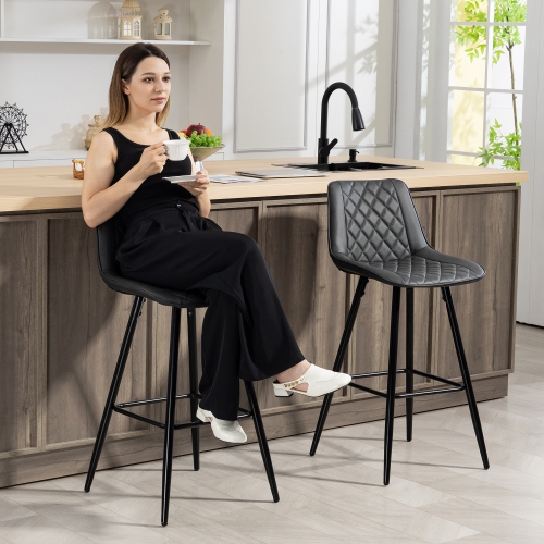 HOMCOM Bar Stools Set of 2, PU Leather Counter Height Bar Chairs, 27.75" Kitchen Stools with Metal Legs for Dining Area, Kitchen Island, Black