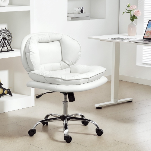 HOMCOM Criss Cross Office Chair with Wheels, Armless Task Desk Chair with Wide Seat, Leathaire, Adjustable Height, Tilting, Double-Tier Padding, White