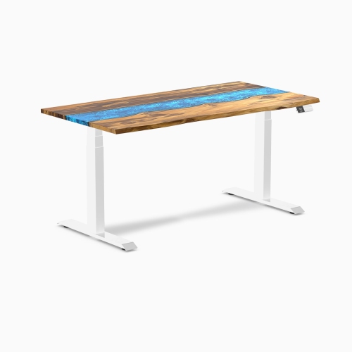 Desky Teak Blue River Sit-Stand Desk - 60" Desktop, White Frame, Dual Motor Lift, Up to 49.2 Inch, 308 Lb Capocity