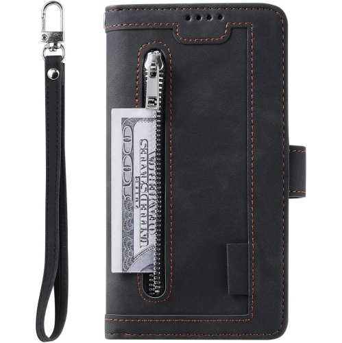 [ LIMITTED TIME OFFER ] - Wallet Case for iPhone 14, Multi-Function Flip Folio 9 Card Slots Phone Case with Zipped Pocket Wrist Strap