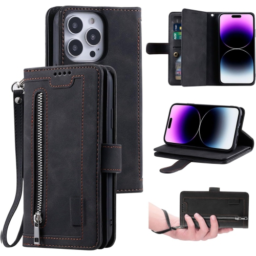 [ LIMITTED TIME OFFER ] - Wallet Case for iPhone 13 PRO, Multi-Function Flip Folio 9 Card Slots Phone Case with Zipped Pocket Wrist Strap