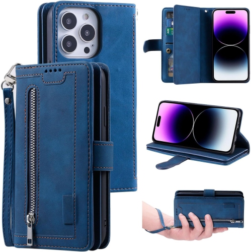 [ LIMITTED TIME OFFER ] - Wallet Case for iPhone 13 PRO, Multi-Function Flip Folio 9 Card Slots Phone Case with Zipped Pocket Wrist Strap