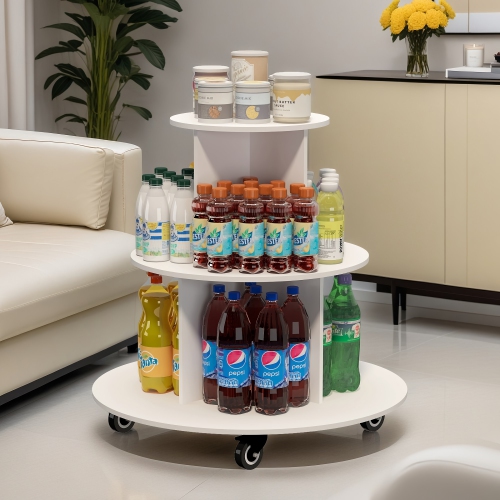 3-Tier Rotating Display Cart, Multifuctional Mobile Stand with 360° Rotating Wheels for Drinks, Snacks, Cosmetics, Toys