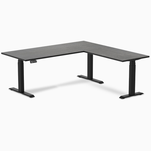 Bureau assis/debout en L en bambou foncé de Desky – 72 x 30 x 70 x 24&nbsp;pouces avec cadre noir mat, trois moteurs, capacité 440&nbsp;lb