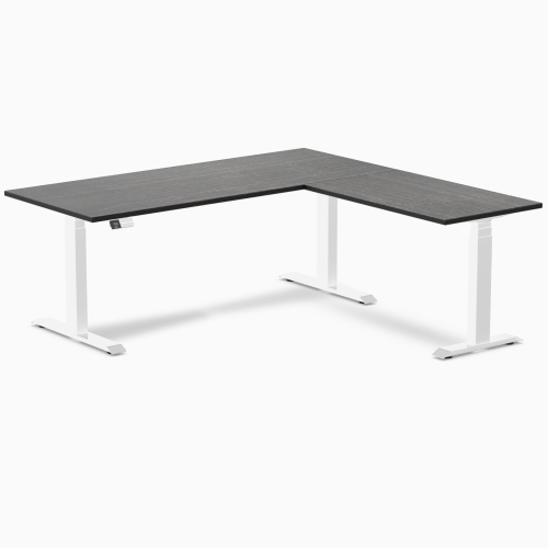 Desky Dark Bamboo L-Shape Sit-Stand Desk – 72 x 30 x 70 x 24 inches With White Frame, Triple Motors, 440 lb Capacity