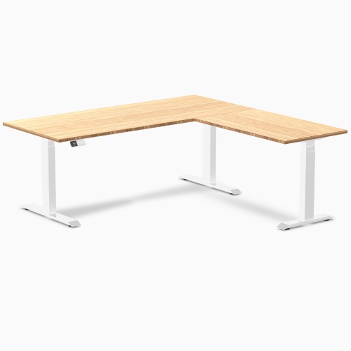 Desky Dark Bamboo L-Shape Sit-Stand Desk – 72 x 30 x 70 x 24 inches With White Frame, Triple Motors, 440 lb Capacity