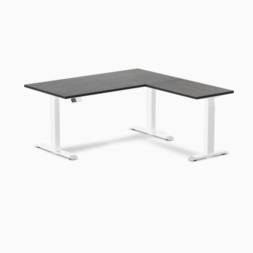 Desky Dark Bamboo L-Shape Sit-Stand Desk – 60 x 62 Inch With White Frame, Triple Motors, 440 lb Capacity