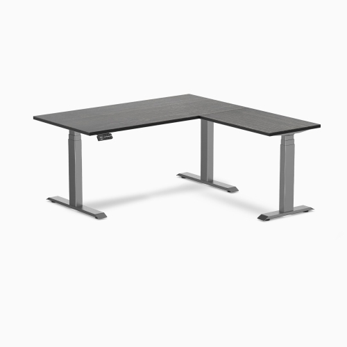 Desky Dark Bamboo L-Shape Sit-Stand Desk – 60 x 62 Inch With Space Grey Frame, Triple Motors, 440 lb Capacity