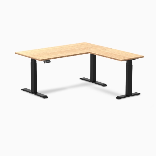 Desky Bamboo L-Shape Sit-Stand Desk – 60 x 62 Inch With Matte Black Frame, Triple Motors, 440 lb Capacity