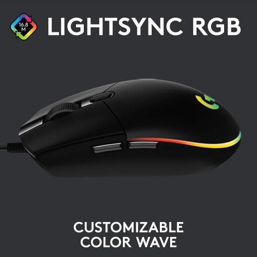 Souris de jeu avec fil G203 de Logitech, 8000&nbsp;ppp, effet optique arc-en-ciel LIGHTSYNC RVB, 6 boutons programmables, mémoire intégrée, mappage