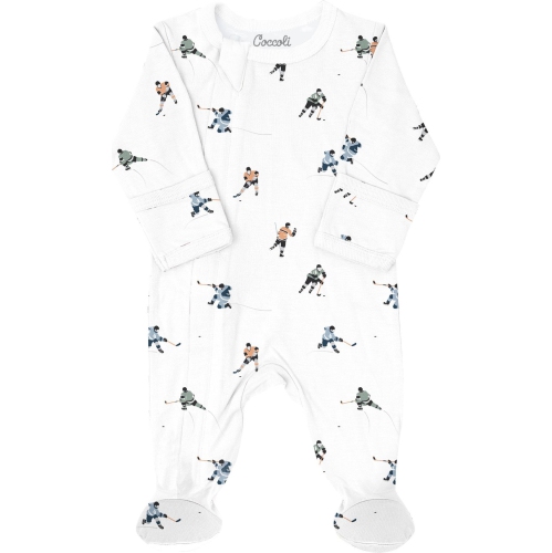 Coccoli Cotton-Modal Zippered Footie Sleeper - Hockey Players on Cream