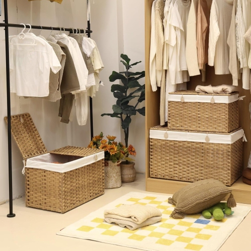 Woven Laundry Hamper with Lid, 105L Large Storage Basket with Removable Washable Liner, Dual Compartments for Clothes, Blankets, Toys & Bedding –