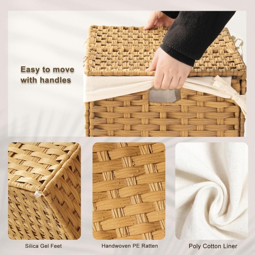 Woven Laundry Hamper with Lid, 105L Large Storage Basket with Removable Washable Liner, Dual Compartments for Clothes, Blankets, Toys & Bedding –