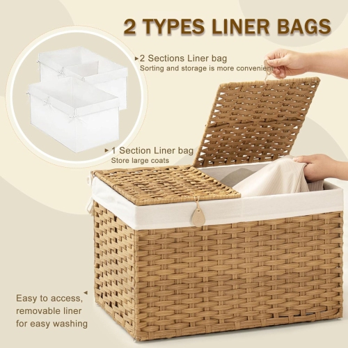 Woven Laundry Hamper with Lid, 105L Large Storage Basket with Removable Washable Liner, Dual Compartments for Clothes, Blankets, Toys & Bedding –
