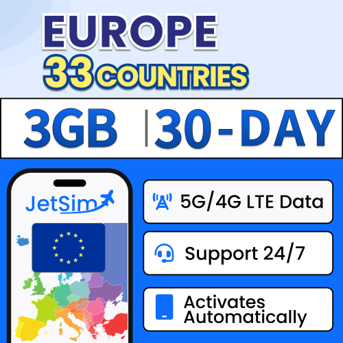 Europe Phone Plan with QR Code, 3GB 5G/4G LTE High-Speed Data, Works in 33 European Countries