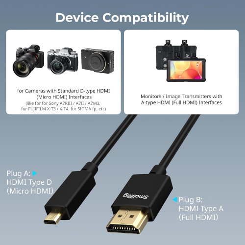 SMALLRIG D to A HDMI Cable Ultra Thin HDMI Cord 100cm / 3.28Ft, Super Flexible Slim High Speed 4K 60Hz HDR HDMI 2.0, Sony A7RIII / A7II / A7M3,
