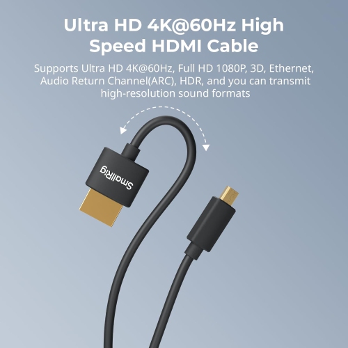 SMALLRIG D to A HDMI Cable Ultra Thin HDMI Cord 100cm / 3.28Ft, Super Flexible Slim High Speed 4K 60Hz HDR HDMI 2.0, Sony A7RIII / A7II / A7M3,