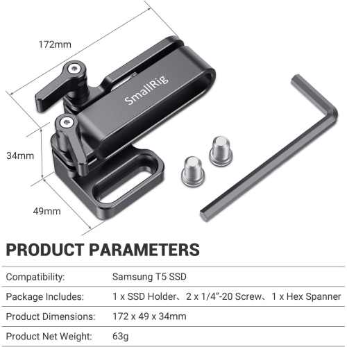 SMALLRIG Mount Bracket SSD Holder for Samsung T5 SSD with 1/4”-20 Threads, Compatible with SMALLRIG Cage for BMPCC 4K & 6K and Z CAM – 2245B
