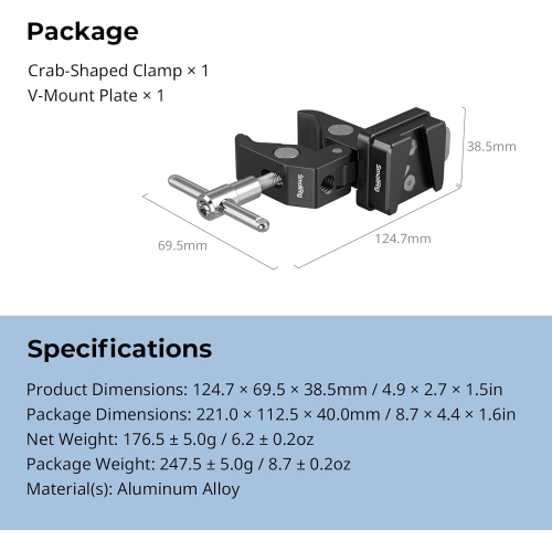 Serre-joint en V SMALLRIG, pince antidérapante 15-40 mm, roulement de charge 1,5 kg compatible avec plusieurs marques de batteries à