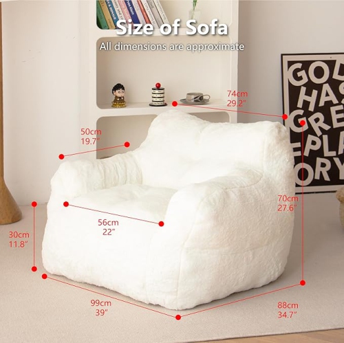 Blex Bean Bag Sofa Chair – Soft Faux Fur Cover High-Density Foam Filling Comfortable Floor Seat for Gaming Reading & Watching TV - White