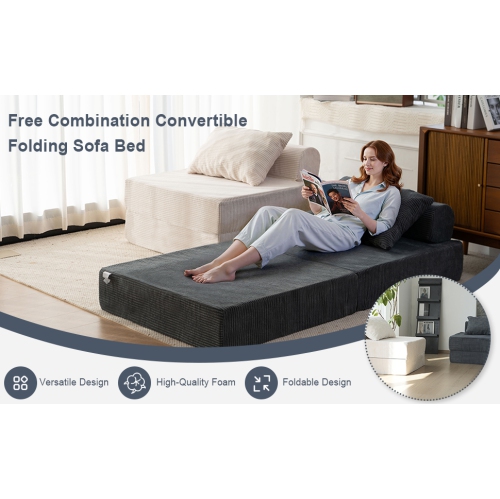 Blex Free Combination Floor Sofa Bed – Convertible Folding Sleeper Couch| Armless Foam Chair with Pillow for Living Room & Bedroom - Black