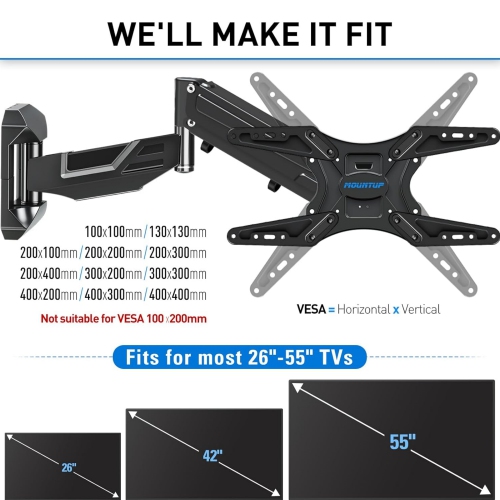 MOUNTUP Tilting TV Wall Mount Bracket for 26-55 Inch Flat Screen TVs/Curved TVs, Low Profile TV Bracket - Easy to Install On 12" or 16" Studs, VESA
