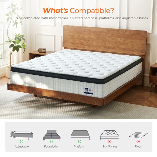 Vumece Queen Size Hybrid Mattress 10 Inch, Pocket Springs Coils for Support, Pressure Relief, Medium Firm, CertiPUR-US Certified - 120 Night Sleep