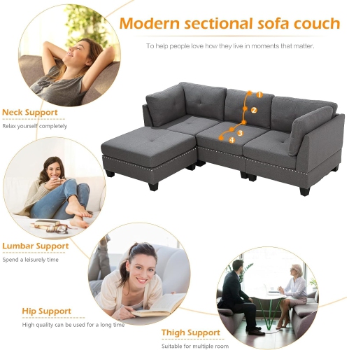 AECOJOY 88.6” Convertible Sectional Sofa Couch with Ottoman, 4-Seat Modern Tufted Fabric L-Shaped Couch with Reversible Chaise
