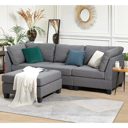AECOJOY 88.6” Convertible Sectional Sofa Couch with Ottoman, 4-Seat Modern Tufted Fabric L-Shaped Couch with Reversible Chaise