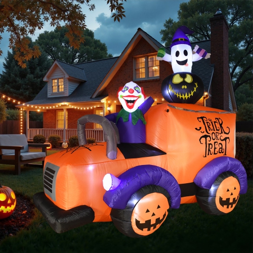 7.2ft Inflatable Halloween Truck, Clown Driving Truck with Ghosts and Exploding Pumpkin Halloween Decorations, Built-In LED, for Yard Party