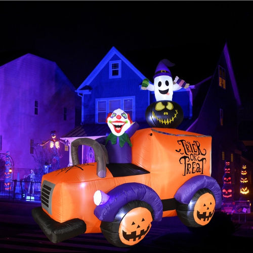 7.2ft Inflatable Halloween Truck, Clown Driving Truck with Ghosts and Exploding Pumpkin Halloween Decorations, Built-In LED, for Yard Party