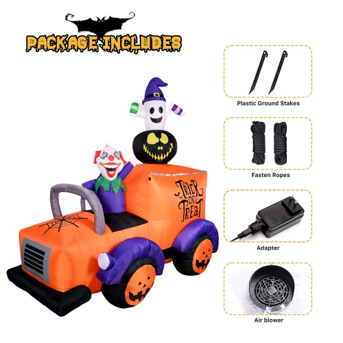 7.2ft Inflatable Halloween Truck, Clown Driving Truck with Ghosts and Exploding Pumpkin Halloween Decorations, Built-In LED, for Yard Party