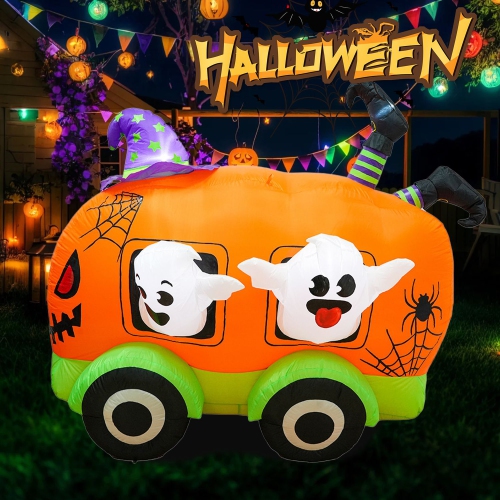 Inflatable Halloween Retro Bus with Built-In LED Light Blower for Holiday Decoration in Garden, Yard, and Outdoors