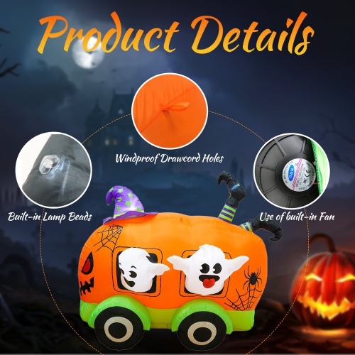 Inflatable Halloween Retro Bus with Built-In LED Light Blower for Holiday Decoration in Garden, Yard, and Outdoors